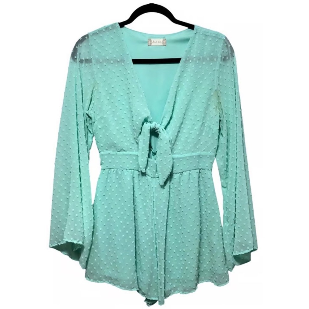 Altar'd State Romper Medium Tie Front Bell Sleeve Mint Green Dotted‎ Sheer